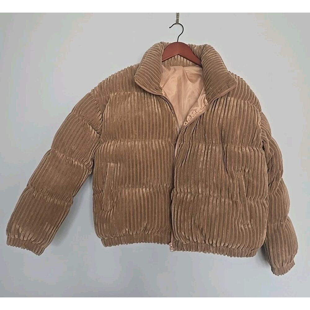 Automet Corduroy Cropped Puffer Jacket Women Tan Brown Winter Coat Size Small